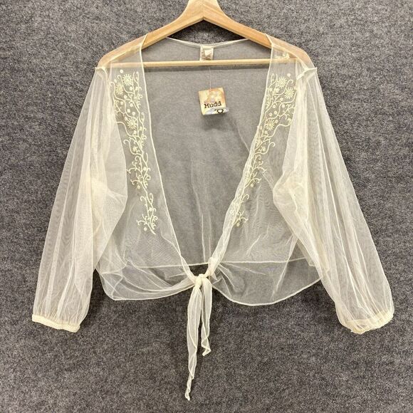 Mudd Tops - New Mudd Top Women XL Beige Floral Embroidered Sheer Tie Up V-Neck Long Sleeve